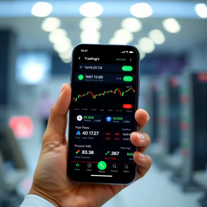 Smartphone displaying a trading app interface with stock charts and investment options
