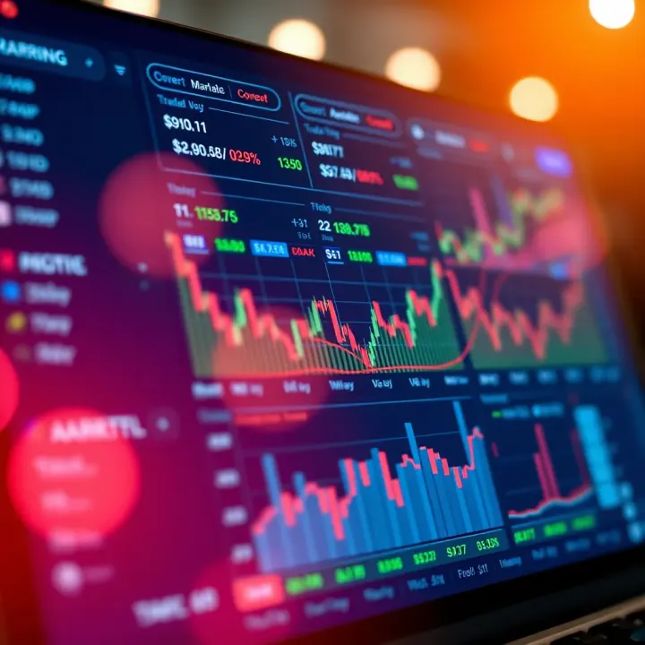 Trading Application Dashboard with Market Trends Dashboard of a trading application showing market trends and various stock options