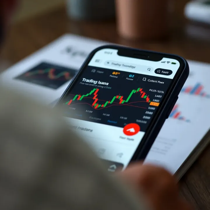 Smartphone displaying a low-cost trading app interface with stock market charts and minimal fees