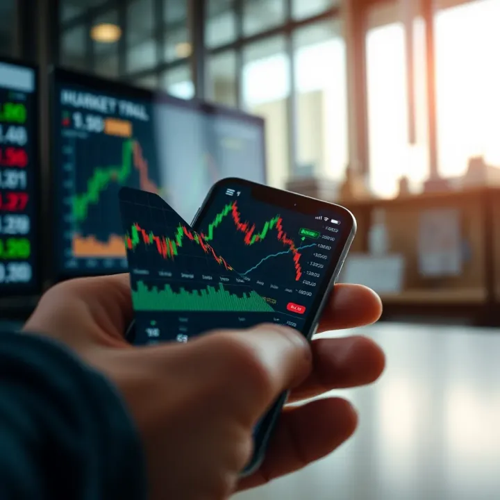 Secure digital interface displaying stock market charts and trading options on a mobile device