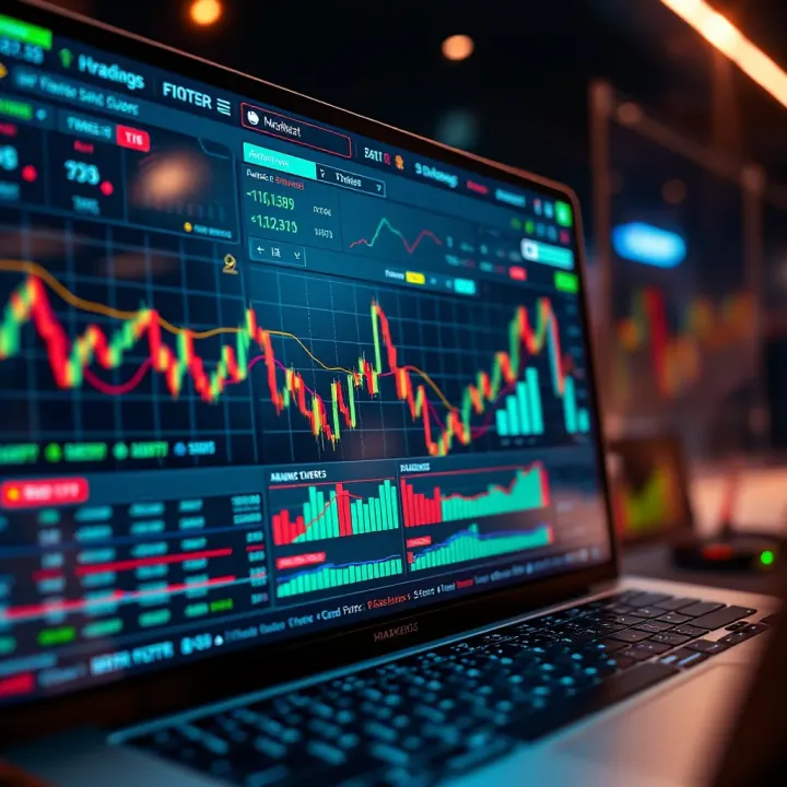 Illustration of a digital forex trading course interface with charts, graphs, and educational content