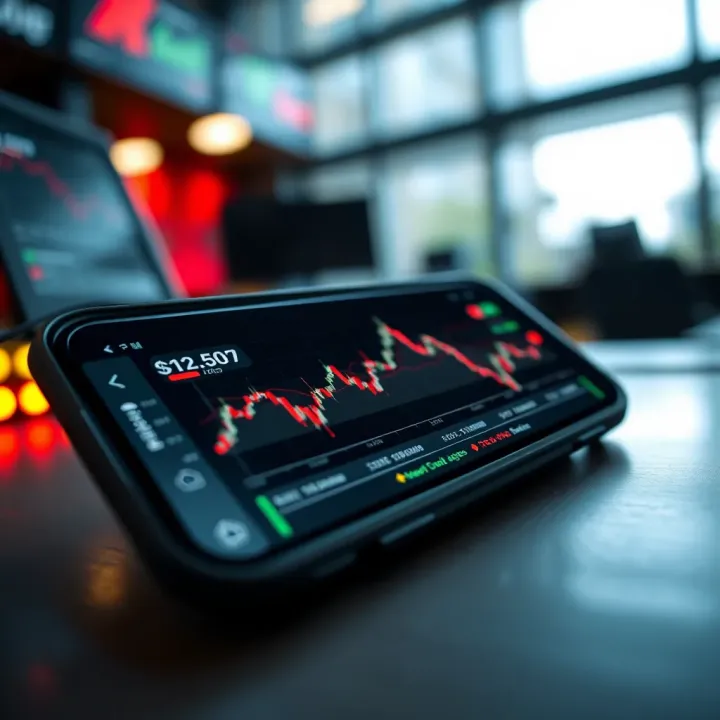 Mobile Device Displaying Stock Market Analytics and Growth Trends Graph showing upward trends and stock market analytics on a mobile device
