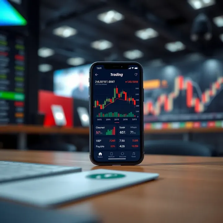 Mobile phone displaying a trading app interface with charts and graphs representing market trends