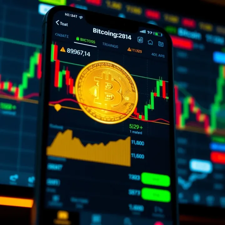 User interface of a bitcoin trading app showing market charts and trading options
