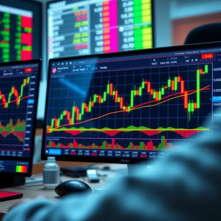 Candlestick Formations and Technical Indicators in Indian Financial Markets Trader's screen showing candlestick formations and technical indicators used in identifying live market trends in Indian stock exchanges