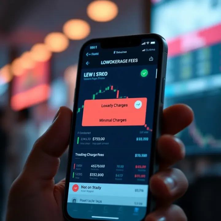 Illustration of a smartphone displaying trading app interface with minimal charges highlighted