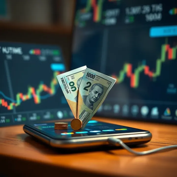 Illustration of micro-investing concept showing small currency notes entering a digital investment platform