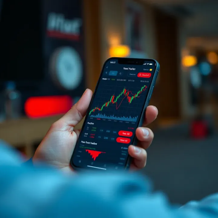 Mobile device displaying a trading app interface with stock charts and market trends