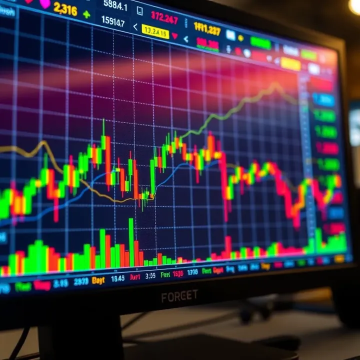 Digital screen displaying forex trading charts and currency exchange rates