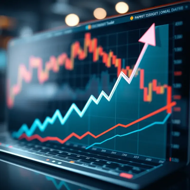 Graph showing growth trends with upward arrows representing stock market simulation
