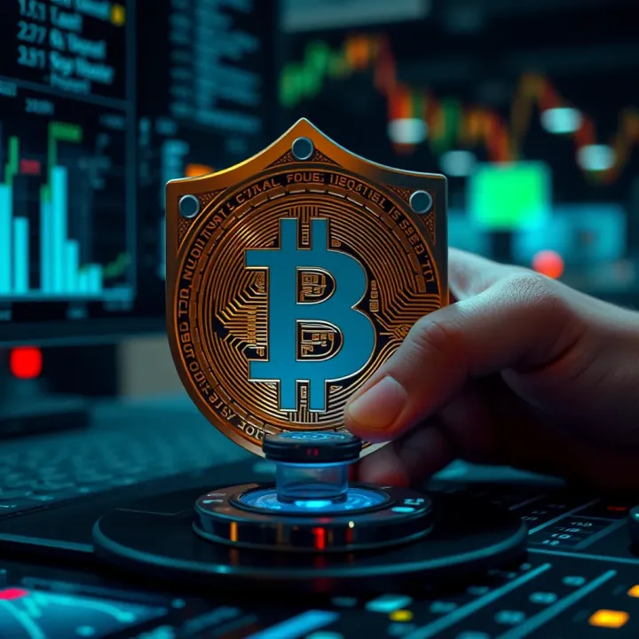 Secure digital transaction with bitcoin symbol and shield representing protection