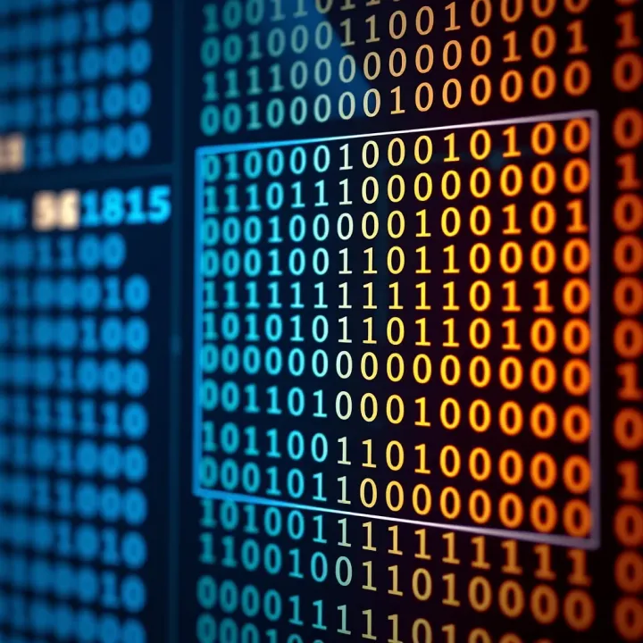 Diagram illustrating the binary code system with ones and zeros arranged in a grid representing digital data