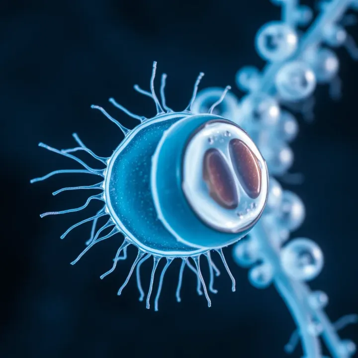 Microscopic view of a Paramecium cell undergoing binary fission illustrating division into two daughter cells