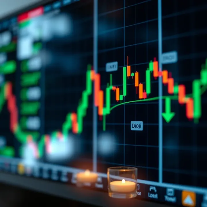 Visualization of popular candlestick patterns like hammer, engulfing, and doji with market trend indications