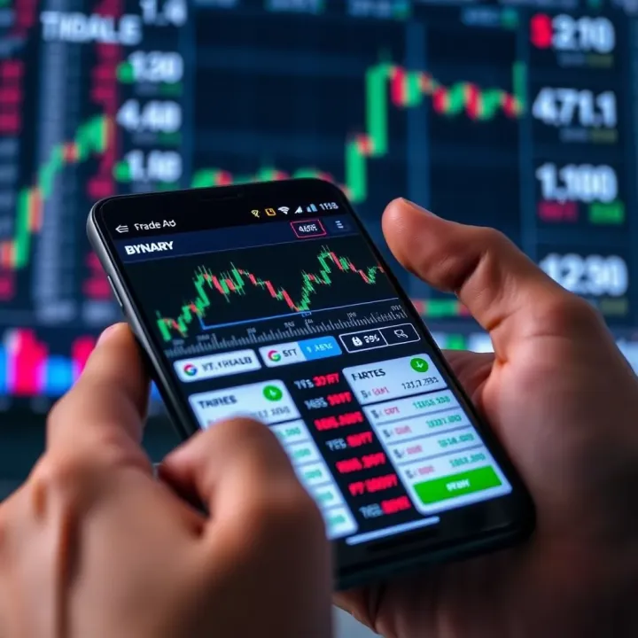 Interface of a Binary Trading Application in India Mobile device displaying a binary trading application interface with charts and options