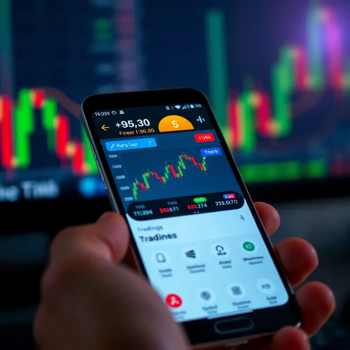 Mobile phone displaying forex trading app interface with charts, currency rates, and security icons