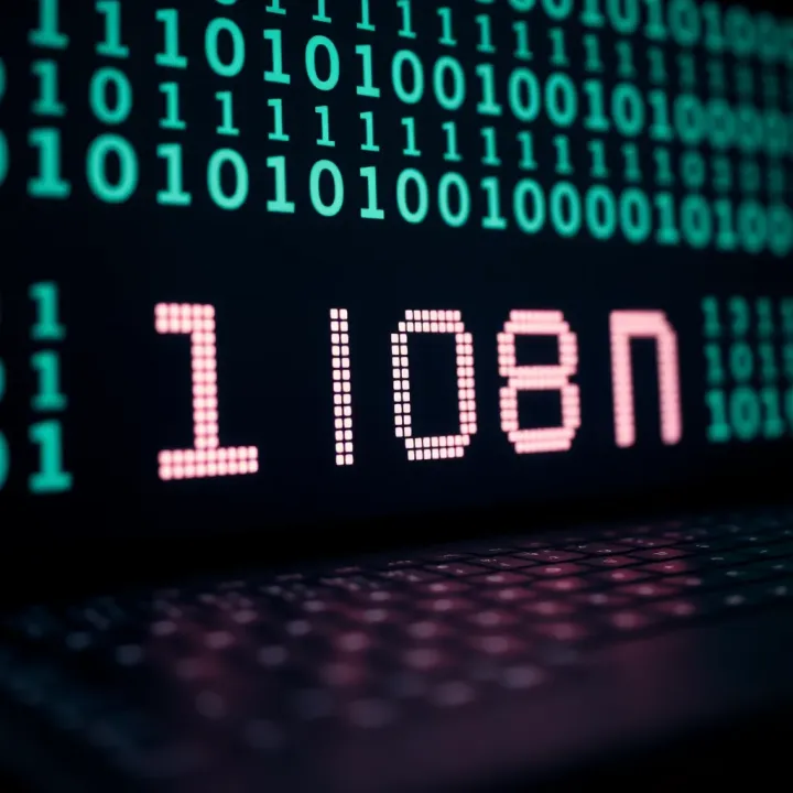 Digital Text Representation in Binary Code Visual representation of digital text displayed as binary code on a screen