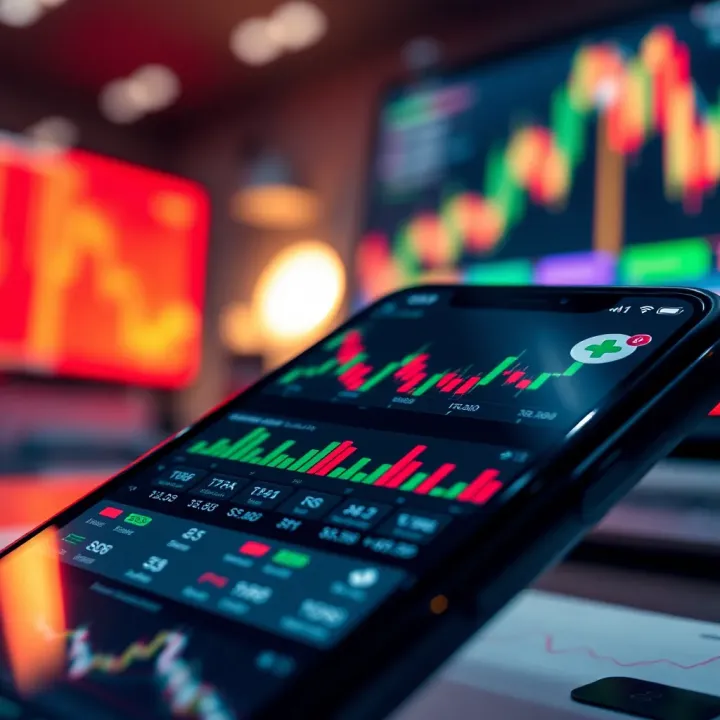Live Trading App Interface with Real-Time Market Charts Mobile device displaying a live trading app interface with real-time stock charts and market data