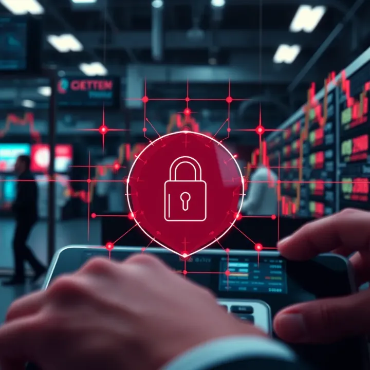 Visual representation of cybersecurity protecting digital trading with a secure shield and data networks