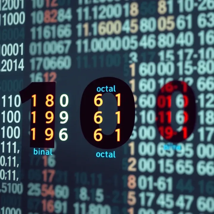 Visualization of number systems showing binary, decimal, octal, and hexadecimal digits with their corresponding base values