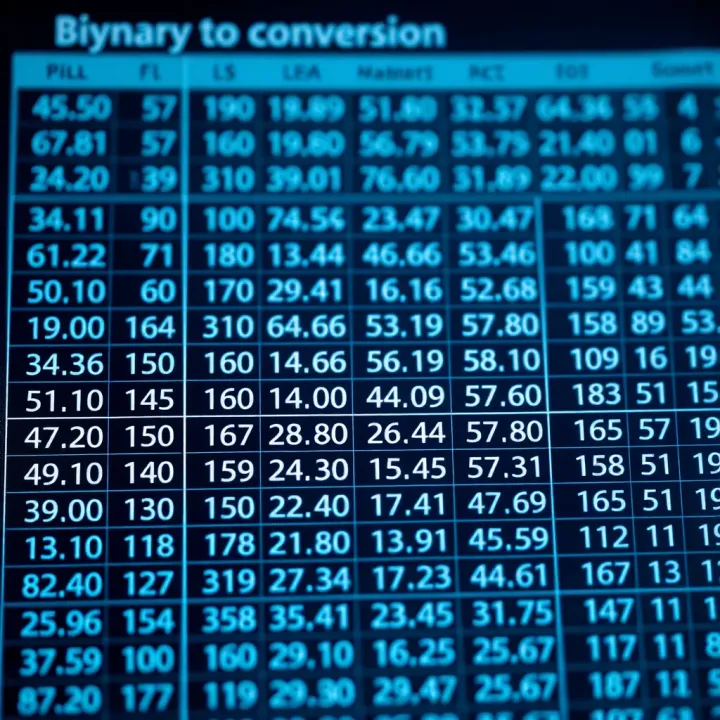 Conversion table showing binary numbers matched to decimal equivalents