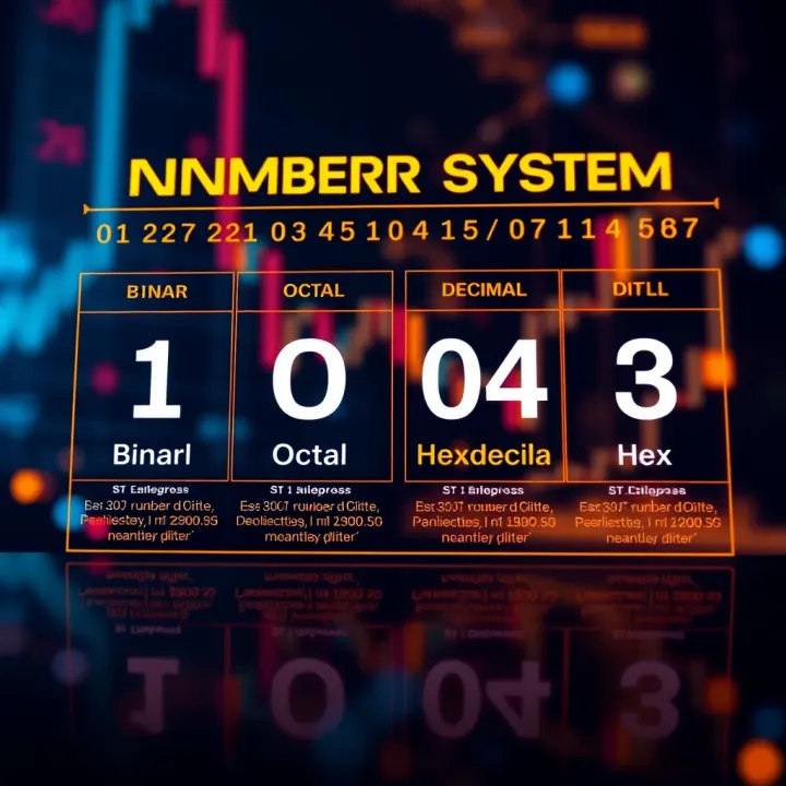 Diagram illustrating four primary number systems with their bases and example digits
