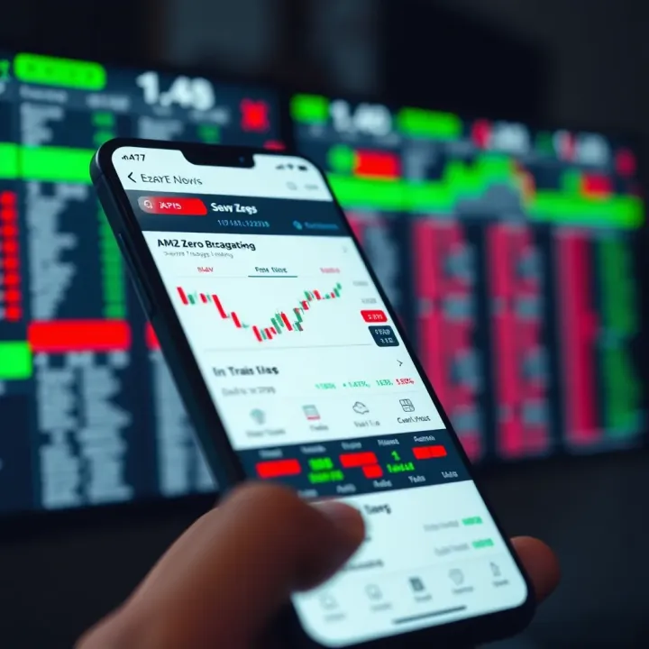Mobile phone screen displaying stock market charts and zero brokerage trading app interface
